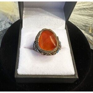 Antique 1900s Chinese Solid Silver Adjustable Ring | Agate Stone & Enamel